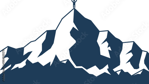 Man stand on mountain peak for success and achievement concept. Business challenge and goal symbol. Simple flat vector illustration