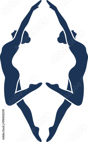 Symmetrical pair of female synchronized swimmers in artistic pose, reflecting elegance and team spirit in a minimalist icon design