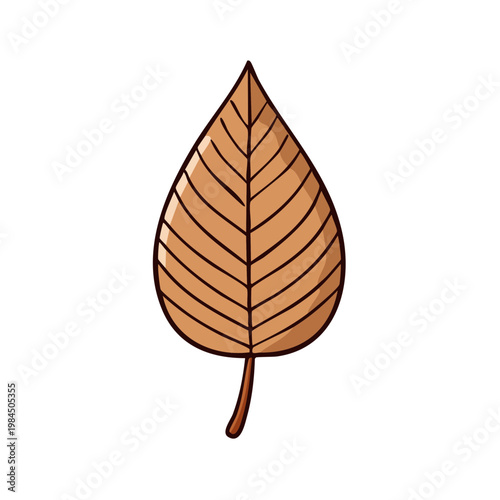 A stylized cartoon drawing of a brown autumn leaf with prominent veins on a white background