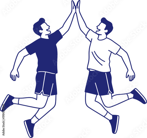 Two men jump and give high five in celebration. Outline concept. Vector illustration for teamwork, success, achievement, and friendship