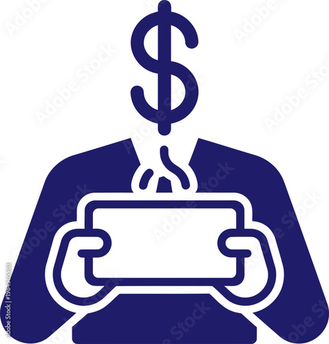 Man with dollar symbol instead of head holding tablet. Abstract financial technology, business, digital wealth concept vector icon