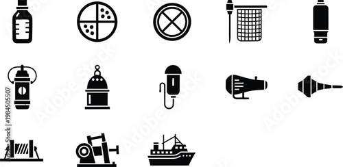 Collection of black and white maritime and industrial equipment icons on a white background