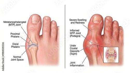 Gout attack in big toe joint with swelling and redness, medical illustration