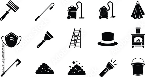 Chimney sweep icons set with brush vacuum mask ladder stove hat flashlight bucket and tools