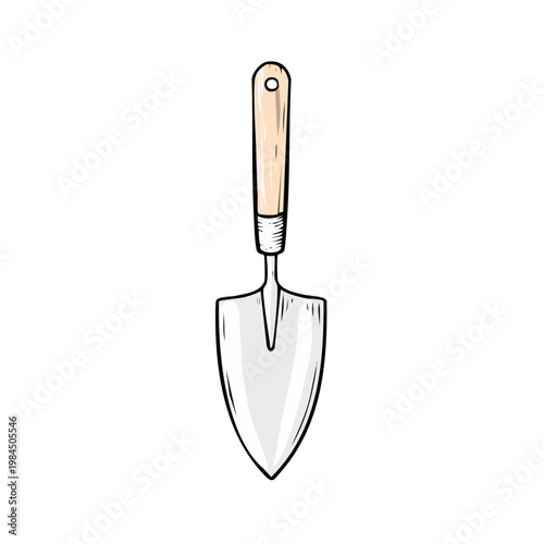 Handheld garden trowel with light wood handle and metal blade for digging and planting