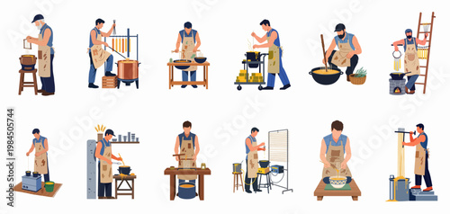 Set of flat vector illustrations featuring craftsmen performing various stages of traditional handmade candle making using wax dipping techniques.