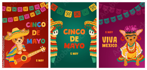 Set of Cinco de Mayo festive posters with chihuahua dog musician, pinata llama, guitar, sombrero, papel picado garlands, text. Mexican holiday vector templates for cards, invitations, banners, flyers