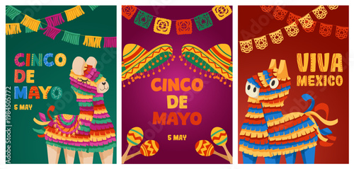 Set of Cinco de Mayo festive posters with colorful pinata llama, maracas, papel picado garlands, lettering. Mexican holiday vector templates for greeting cards, invitations, banners, party decorations