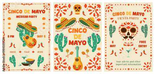 Cinco de Mayo retro posters set with sombrero, guitar, cactus, chili, sugar skull, margarita, papel picado garlands, lettering. Mexican holiday vintage templates for invitations, cards, banner, flyer