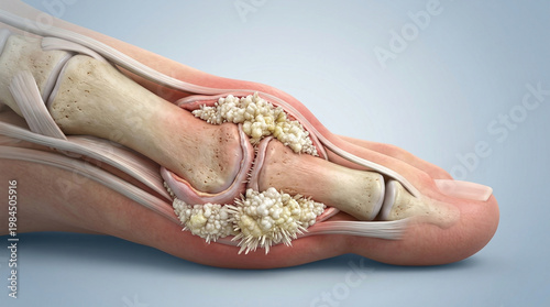 Gout attack in foot joint with uric acid crystal deposit and painful inflammation