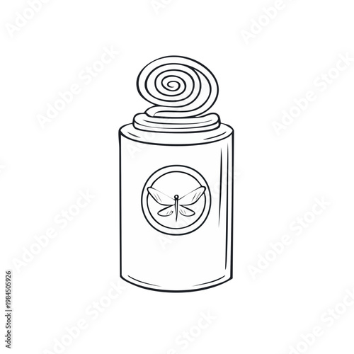 Stylized illustration of a mosquito repellent coil with a dragonfly symbol