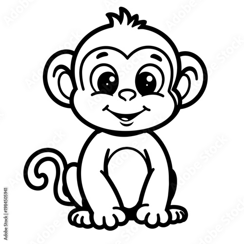 Cute cartoon monkey character smiling and sitting on a white background  