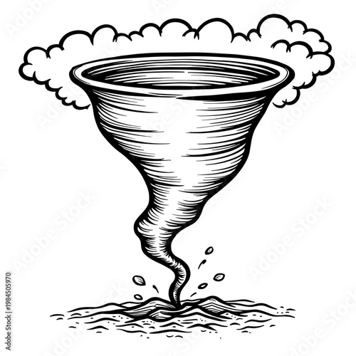 Tornado graphic illustration with swirling clouds and ground detail  