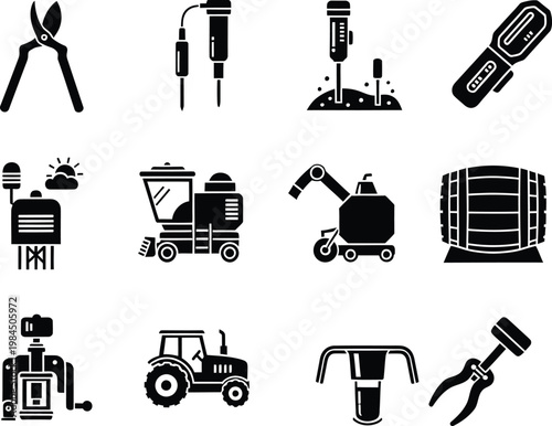 Vector icons of agricultural machinery and precision farming tools for vineyard management.