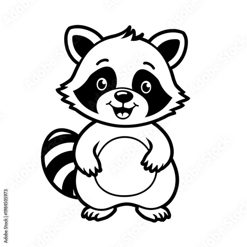 Cute cartoon raccoon smiling with paws outstretched on white background  
