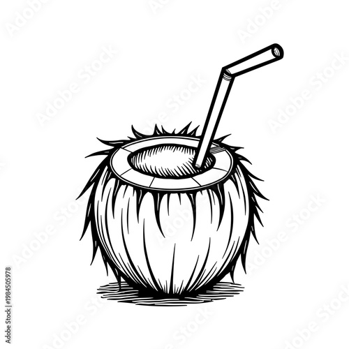 Coconut drink with straw in artistic sketch style  