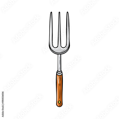 Illustration of a garden fork with a wooden handle for outdoor cultivation and landscaping tasks