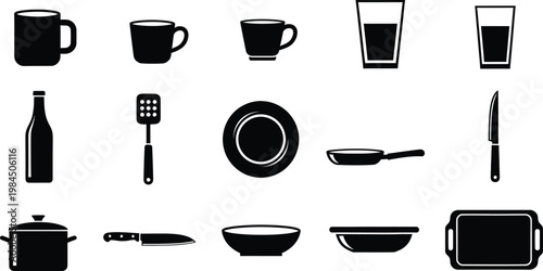 Collection of black and white kitchenware and tableware icons including cups, plates, and pots.