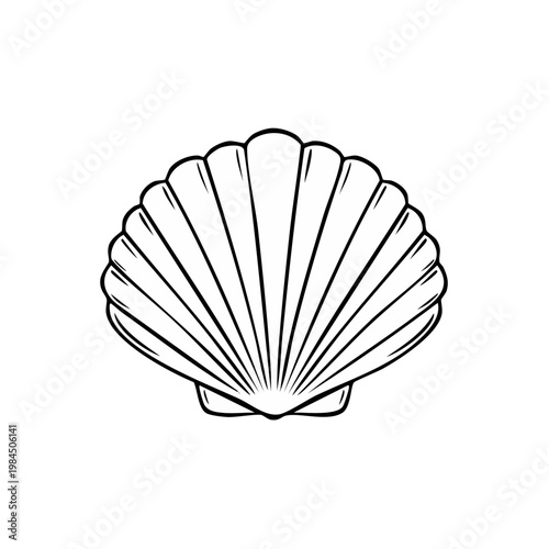 Stylized Black and White Scallop Shell Silhouette Art Isolated on White Background