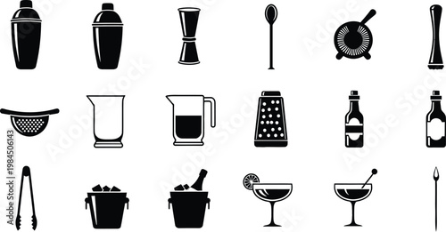 Collection of professional bartender tools and cocktail equipment icons in black and white style