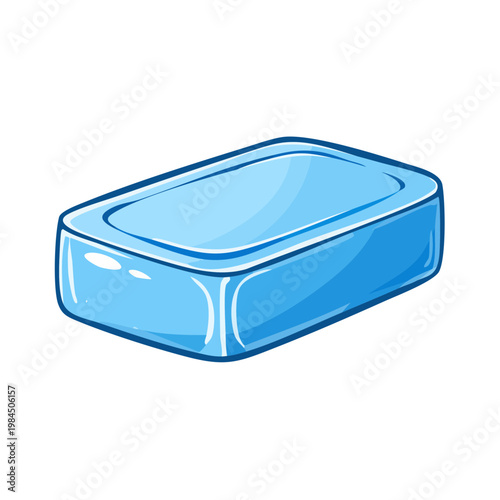 Bright blue bar of soap with rounded edges and shiny surface in cartoon style illustration