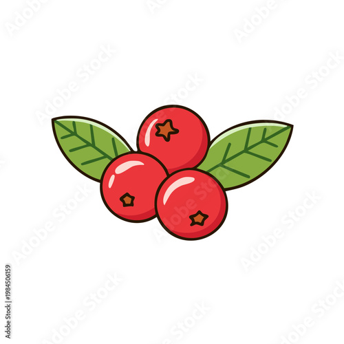 Vibrant red cranberries with green leaves illustration in flat design style