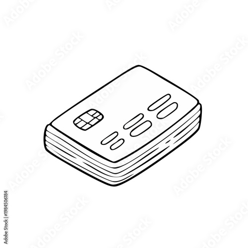 Hand drawn illustration of a credit card or debit card with chip and magnetic stripe for finance and payment