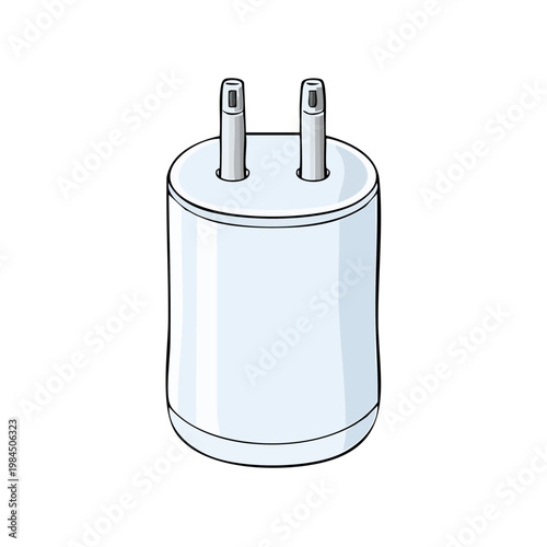 Modern white cylindrical electrical plug adapter with two metal prongs for power connection
