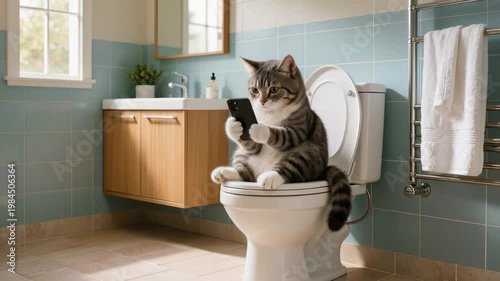 Cute cat sitting on toilet holding smartphone in bright bathroom interior. Humorous concept showing human-like pet behavior and modern lifestyle with technology use.