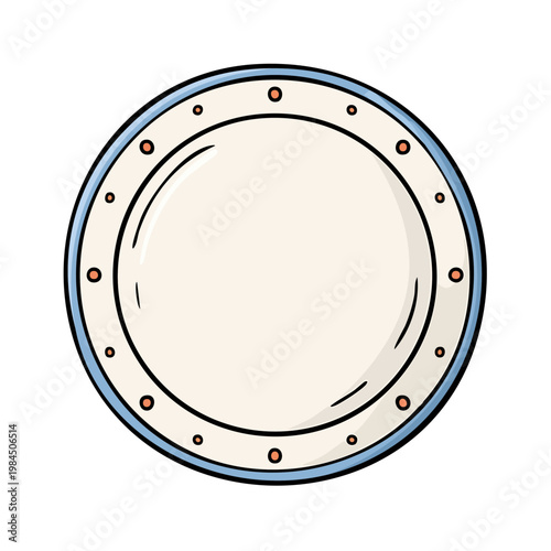 Simple hand-drawn illustration of a decorative plate with blue rim and orange dots