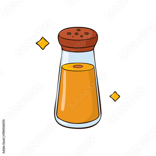 Hand drawn cartoon illustration of a condiment shaker with yellow liquid and sparkles