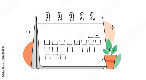 Desktop spiral calendar illustration featuring checkmarks on specific dates and a small potted plant on the side for planning.