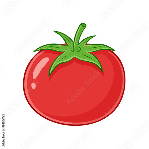 Vibrant illustration of a ripe red tomato with a green stem and leaves, a simple and clean graphic
