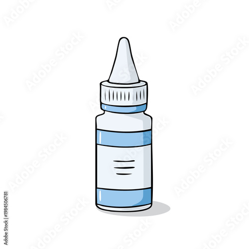 Cartoon style illustration of a small white and blue eyedrop bottle with a dropper top and label