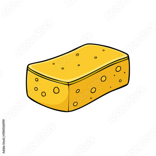 Bright yellow rectangular sponge with rounded corners and numerous circular pores, a simple graphic illustration.