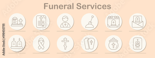 Funeral services set icon. Line symbols depict grave marker, certificate document, priest figure, shovel, cemetery plot, condolence envelope, twin graves, ribbon, cross, coffin, urn