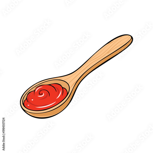 Wooden spoon with bright red tomato sauce or ketchup condiment