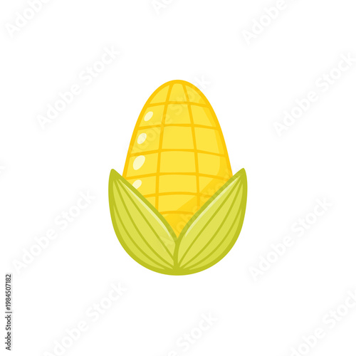 Illustration of a ripe yellow corn cob with green husks in a simple cartoon style