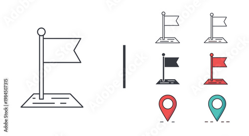 Various flag and map pin location icons are presented in outline, solid, and color styles for use in navigation and geography designs.