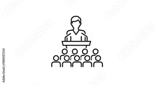 Professional line art drawing shows a public speaker at a podium addressing an audience during a conference, lecture, or presentation.