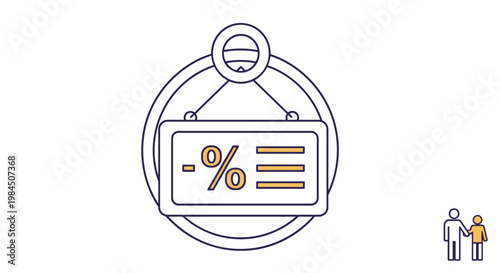 Graphic icon shows a discount sign hanging with a percentage symbol and a small figure representing a family or customer pair shopping.