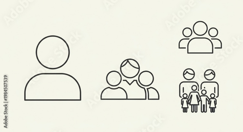 Collection of simple line art icons representing people and groups.