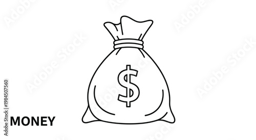 Simple line drawing of a large money bag with a dollar sign on it appears above the text money in a clean and minimalist design style.