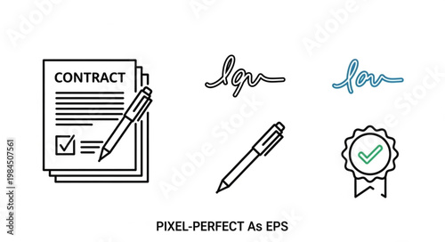 Contract document with pen and signature icons representing agreement and approval.