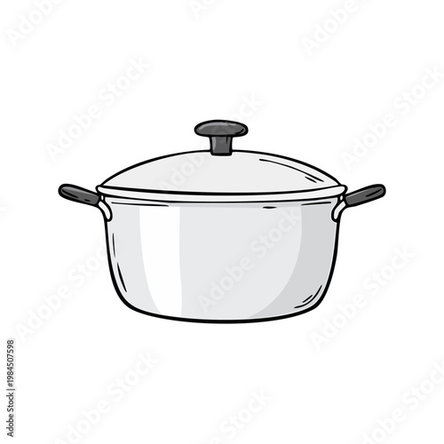 A simple hand drawn illustration of a metal cooking pot with a lid and handles on a plain background