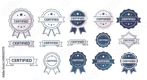 Large collection of certified seal and ribbon icons is presented in various shades of blue and white for professional accreditation.