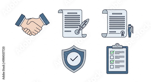 Business Agreement Icons Set Handshake Contract Shield Clipboard.