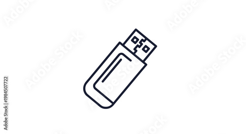 Simple black and white line art illustration features a standard usb flash drive used for digital data storage and file transfers.