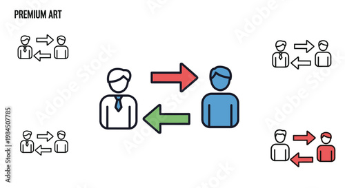 Business communication icons show two individuals exchanging information via arrows in different styles including outline and color.