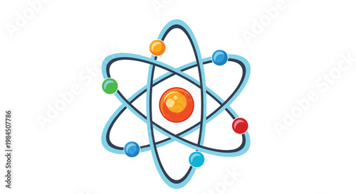 Vibrant illustration of an atom model shows multiple colorful electrons orbiting a central orange nucleus to represent science and physics.